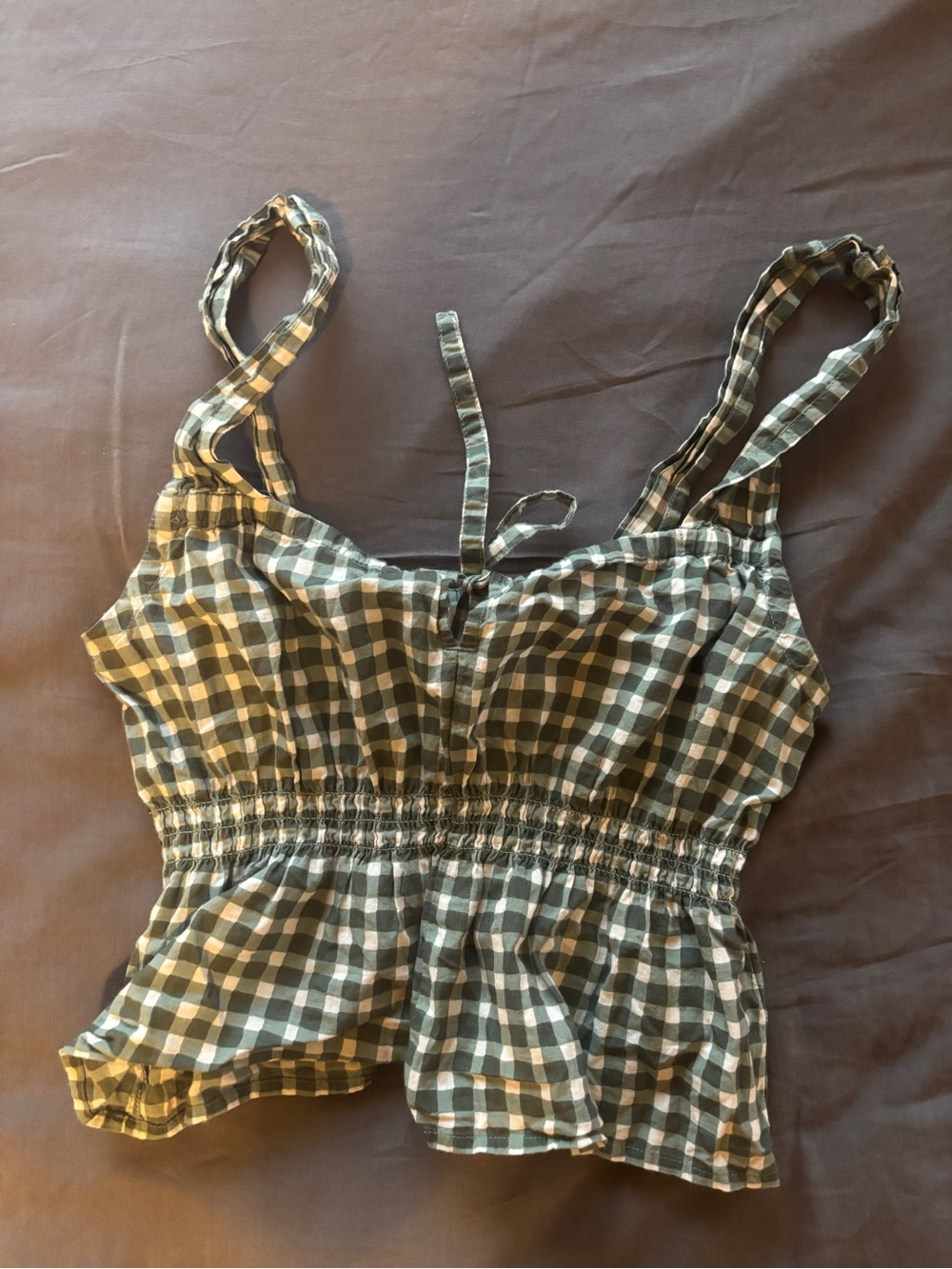 Madewell Green and White Gingham Smocked Peplum Tank Top